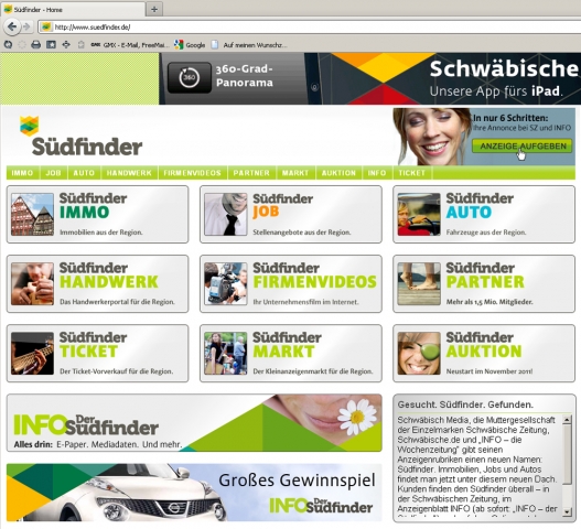 News - Central: suedfinder.de - Screenshot  Schwbisch Media hat einen cross- und multimedialen Rubrikenmarkt unter dem Label Sdfinder etabliert. 