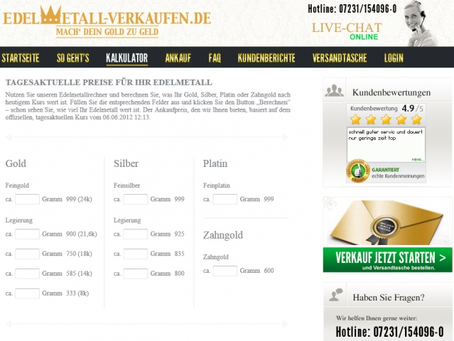 News - Central: Online-Kalkulator www.edelmetall-verkaufen.de