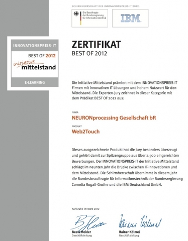 Tablet PC News, Tablet PC Infos & Tablet PC Tipps | ZERTIFIKAT BEST OF 2012 eLearning beim INNOVATIONSPREIS-IT fr Web2Touch