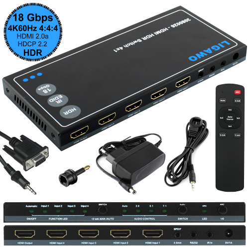 Ligawo 3080026 HDR HDMI Switch 4x1 + Audio Out / EDID + RS232