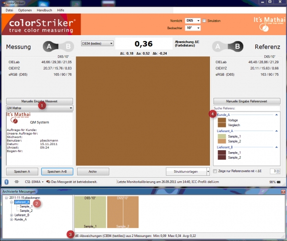 Software Infos & Software Tipps @ Software-Infos-24/7.de | Das Qualittsmanagement-Modul fr den colorStriker erlaubt das einfache Anlegen einer eigenen Referenzdatenbank: Anlegen von Ordnern fr einzelne System, Abspeichern als Referenz, Min- und Max-Anzeige, eigene Referenzdatenbank 