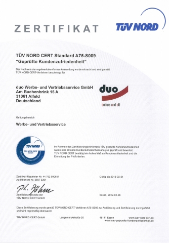 Deutsche-Politik-News.de |  Vom TV NORD CERT der DUO ausgestelltes Zertifikat „Geprfte Kundenzufriedenheit“ vom 06.02.2012