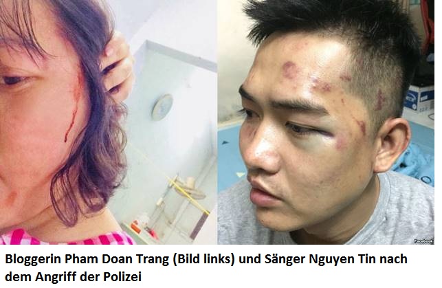 Deutsche-Politik-News.de | Bloggerin Pham Doan Trang (Bild links) und Snger Nguyen Tin nach dem Angriff der Polizei