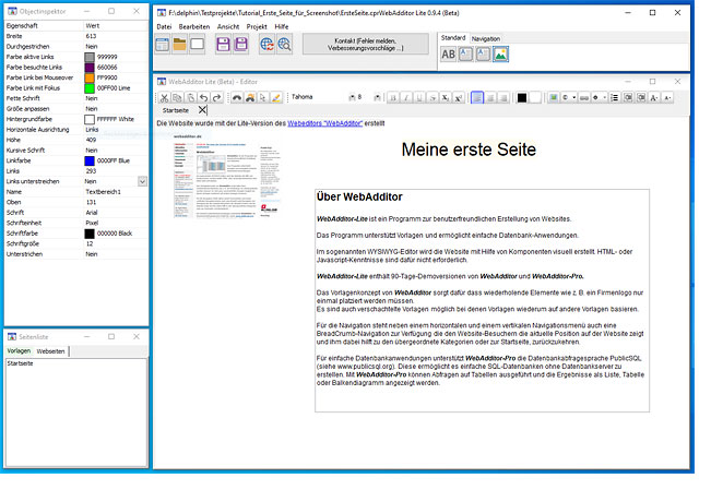 Software Infos & Software Tipps @ Software-Infos-24/7.de | Screenshot WebAdditor-Lite mit geöffneten Beispielprojekt