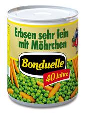 Nahrungsmittel & Ernhrung @ Lebensmittel-Page.de | Foto: Anlsslich des 40jhrigen Jubilums bringt Bonduelle eine Nostalgie-Konserve >> Erbsen sehr fein mit Mhrchen << (850 ml) auf den Markt.