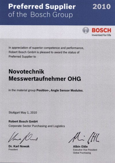 Deutsche-Politik-News.de | Mit der Auszeichnung wird der Sensorikspezialist Novotechnik auf Grund groen Einsatzes, hoher Kompetenz und berdurchschnittlicher Leistungsfhigkeit von der Bosch-Gruppe als bevorzugter Lieferant bewertet. (Foto: Novotechnik) 
